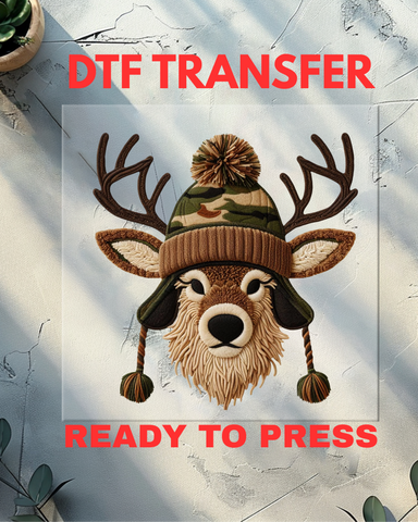 Deer with camo beanie - faux yarn - DTF Transfer - Ready to Press